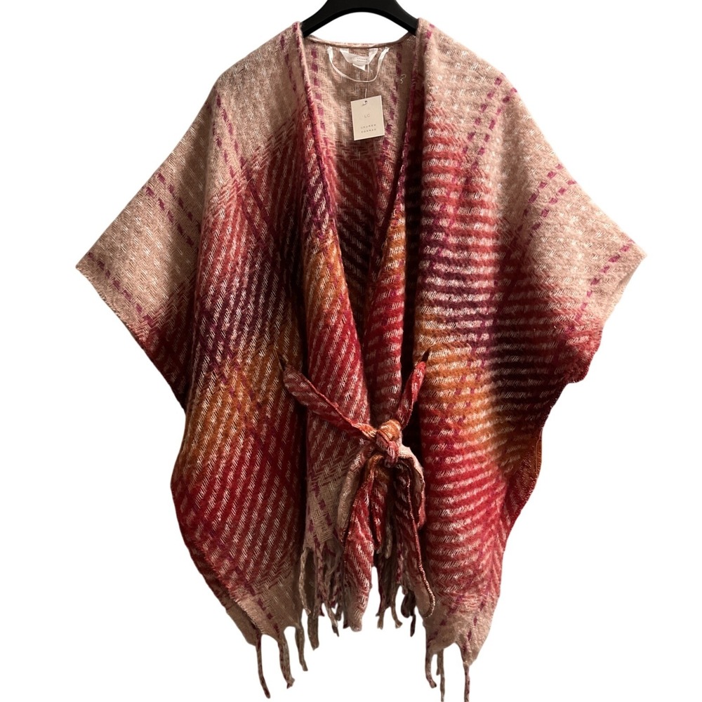Lauren Conrad Poncho Womens OS Pink Ombre Geo Print Knit Tie Waist Fringe Casual